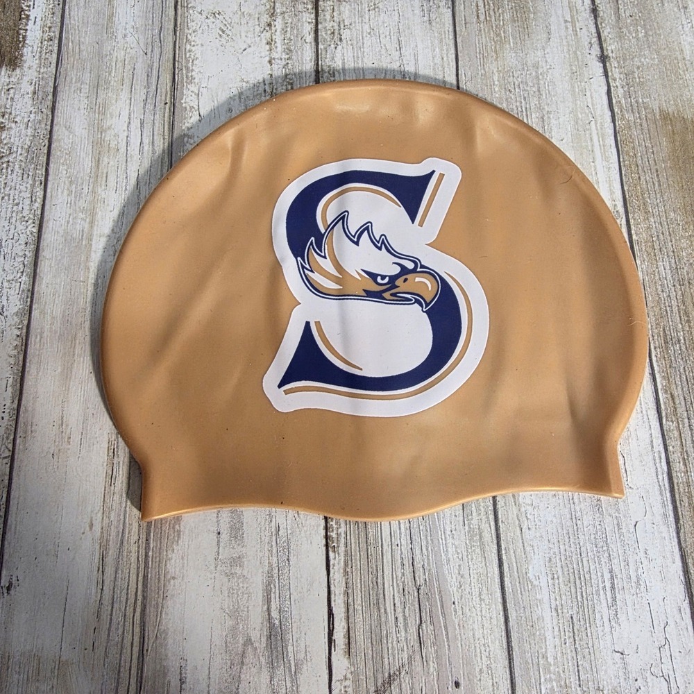 Latex Swim Cap Tan Gold Eagle Mascot Letter S Graphic Competition Training NEW